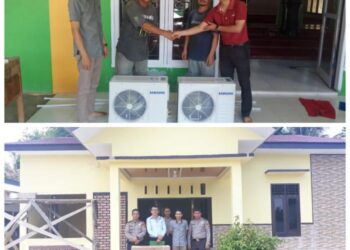 Penyerahan bantuan AC PT Agritasari Prima dan PT Mitrasari Prima kepada Polsek Langgam dan Masjid Inayah di Desa Segati Kecamatan Langgam, Kabupaten Pelalawan, Kamis (16/05/2019)