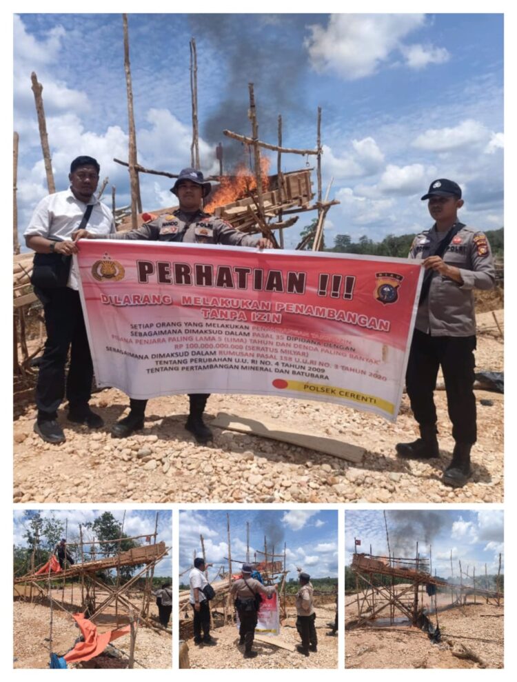 Respon Cepat Polsek Cerenti Tertibkan dan Musnahkan Rakit PETI Darat di Desa Pulau Sipan