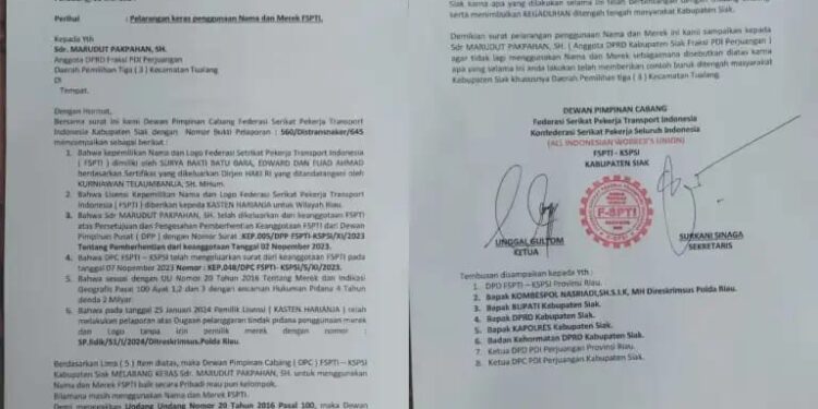 DPC FSPTI-KSPTI Siak Keluarkan Surat Larangan Keras Pemakaian Nama Dan Merek FSPTI Marudut Pakpahan
