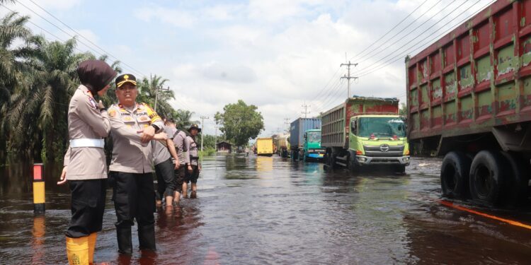 Waka Polres Pelalawan dan Personil Turun Langsung ke Lokasi Banjir di KM 83