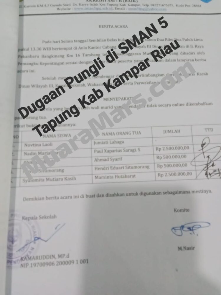 Oang Tua Siswa Diduga Jadi Korban Pungli Rp. 44 Juta Kepala Sekolah Saat PPDB SMAN 5 Tapung